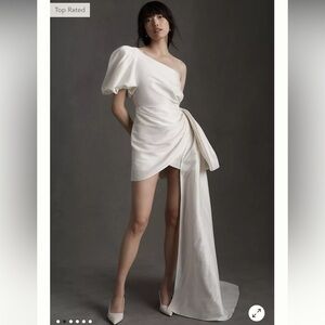 SOLD- Sachin & Babi Dorien Puffed One-Shoulder Bow Train Wrap Mini Dress 8